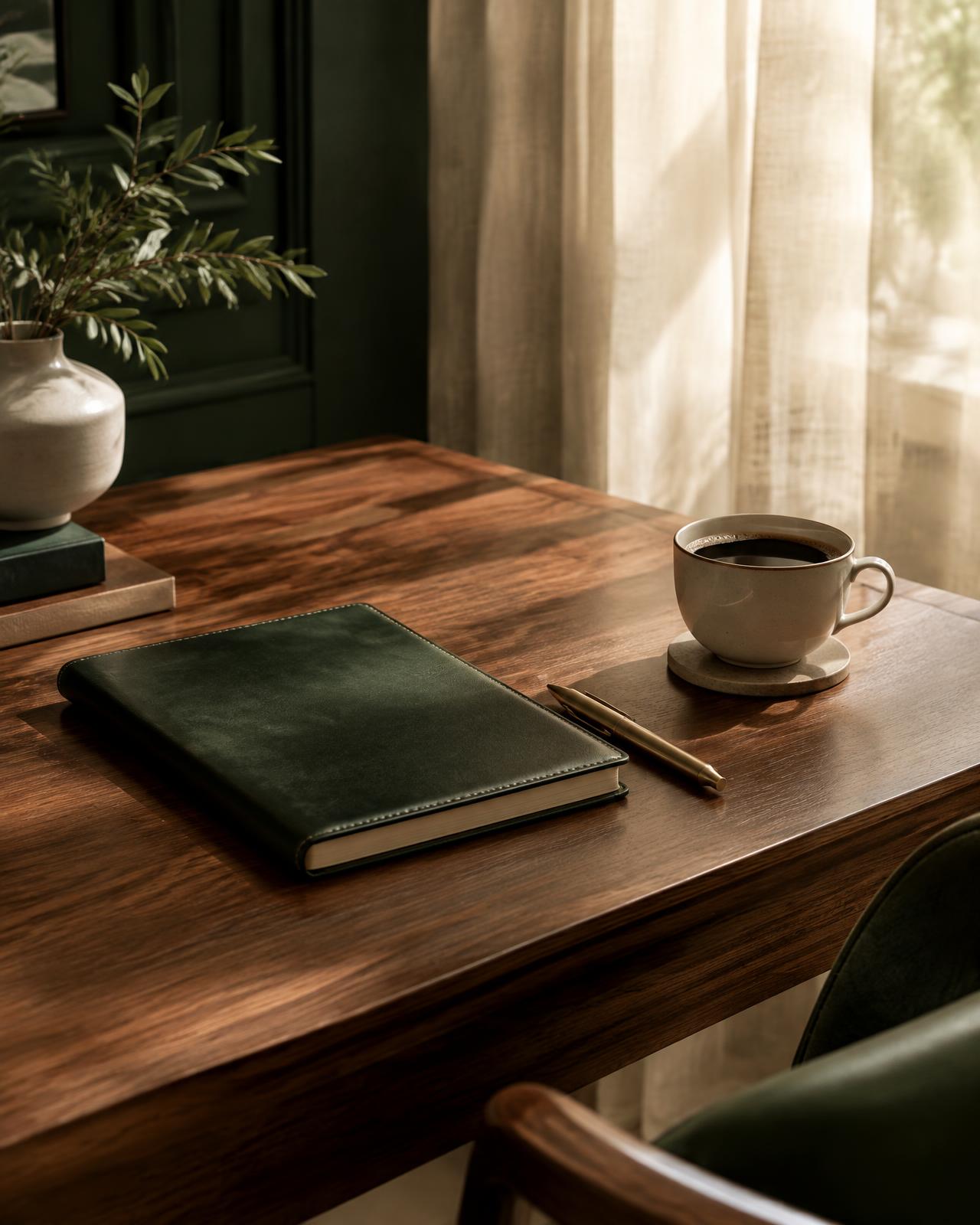 Caderno de planejamento sobre uma mesa iluminada pela luz natural